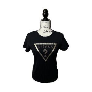 Guess Logo beaded Short Sleeve Tee Black & Gold Sz Small